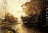 Figure Canvas Paintings - A Moonlit River Landscape with a Figure